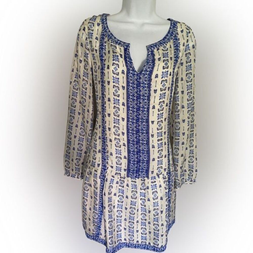Tangerine Dress -M white , blue print , polyester